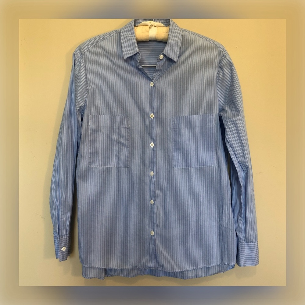 SALE ☘️ Blue and White Cotton Poplin Striped Loose Fit Button Down Shirt
